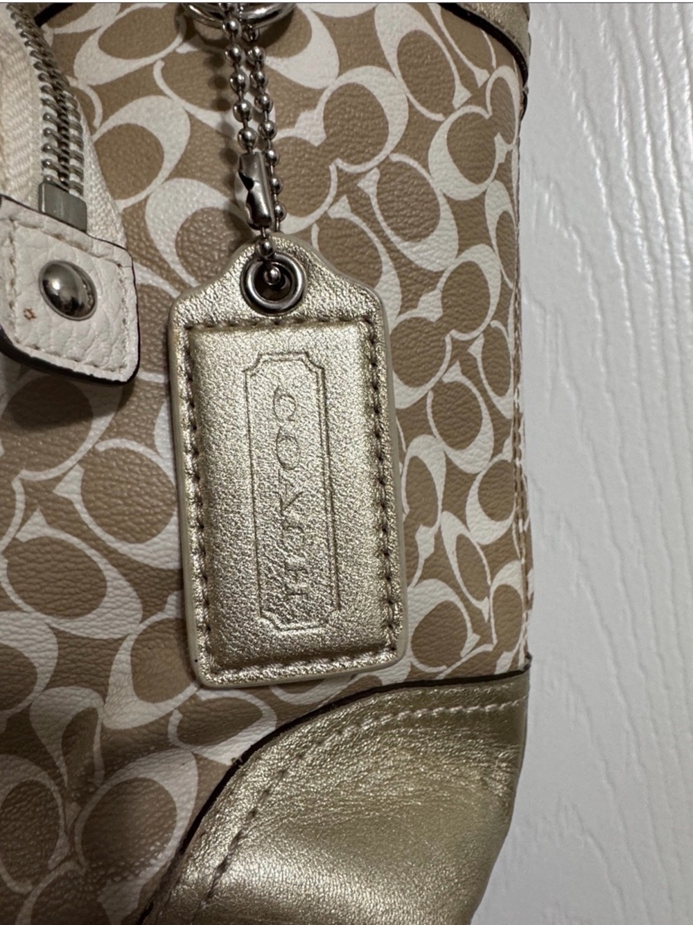 Vintage Coach Signature Stripe Tote Bag Gold Khaki + Matching Leather Wristlet - Picture 3 of 15